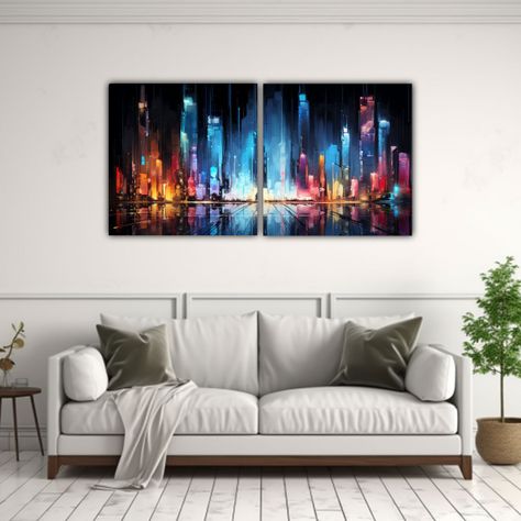 Set 2 Lienzos Escena Abstracta Ciudad En Luces 40x20 Cm-2