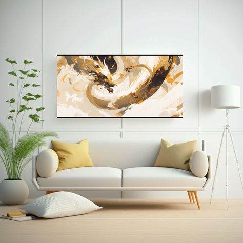 Fotografía De Dragón En Blanco Y Dorado, Atmósf 80x40cm-2