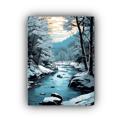 Paisaje De Río Con árboles Nevados En Europa Estilo Cómic 30x45cm-0