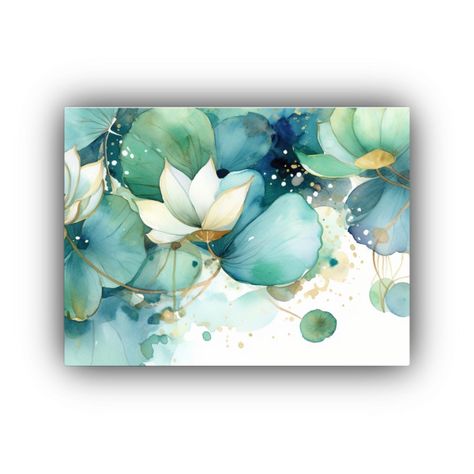 Pintura Flores De Loto Acuarela Hojas Oro Textura 45x30cm-0