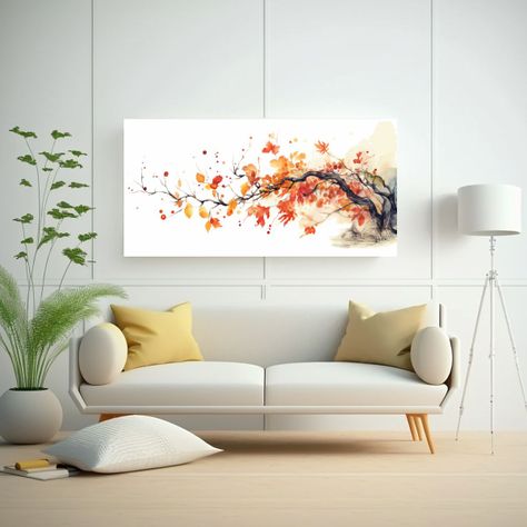 Pintura De Otoño Con Ramas Y Hojas Cayendo, 40x20 Cm-2