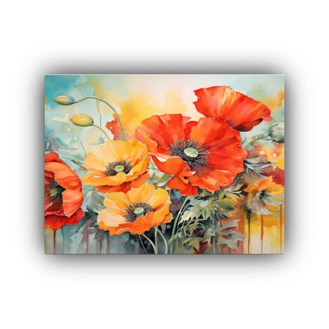 Pintura De Amapolas Estilo Canva Colores Con Fondo Amarillo  75x50cm-0