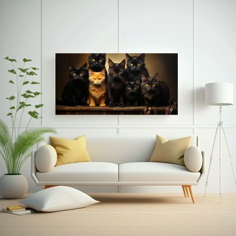 Cuadro Con Gatos Negros En Un Montón, Mirando 100x50cm-2
