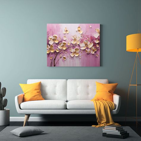Cuadro Movimiento Baño: Pintura En Lienzo Con Flores En Col 75x50cm-2