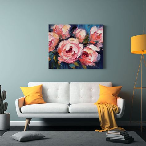 Pintura Decorativa De Rosas Rosadas Pintadas En Acrílico Po 90x60cm-2