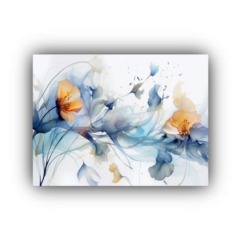Cuadro Moderno Con Flores Y Hojas En Fondo Blanco Y Azul 40x30cm-0