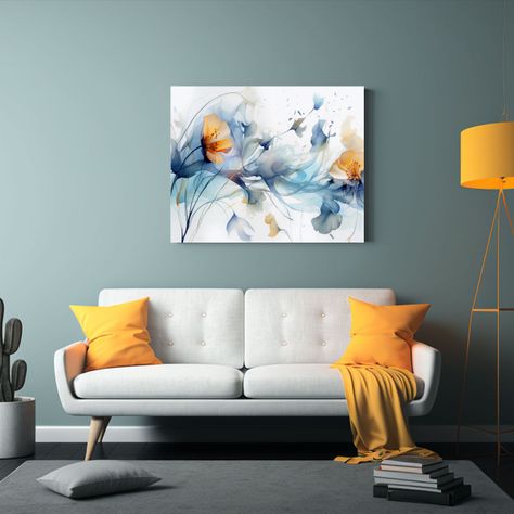 Cuadro Moderno Con Flores Y Hojas En Fondo Blanco Y Azul 40x30cm-2