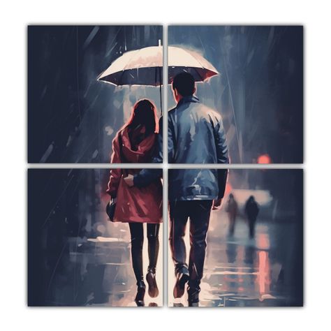 Pareja Caminando Bajo La Lluvia Con Paraguas 40x40 Cm-0