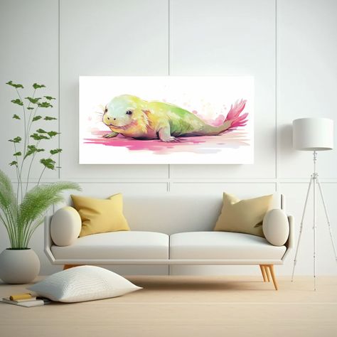 Lienzo Acuarela Axolote Y Morsa En Colores Lima Y  160x80cm-2