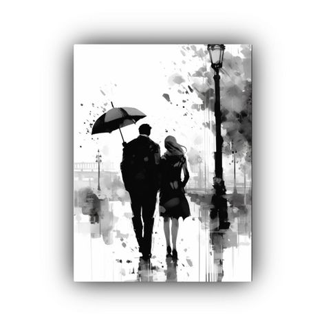 Pareja Paseando Bajo La Lluvia Con Paraguas Junto 80x120 Cm-0