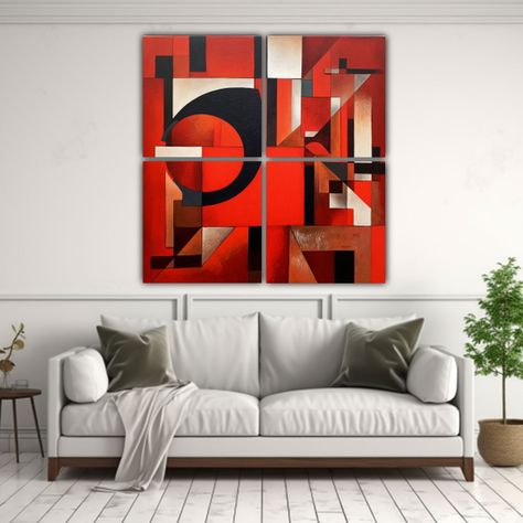 Pintura Abstracta Geométrica Roja En Bastidor 200x200 Cm-2