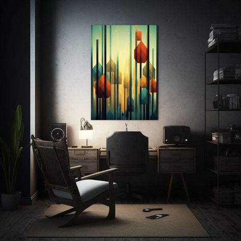 Pintura Acuarela Bosque Minimalista Con Geometría 30x45cm-2