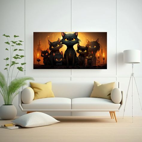 Cuadro De Tela Gatos Negros En Una Pila Mirando 140x70cm-2