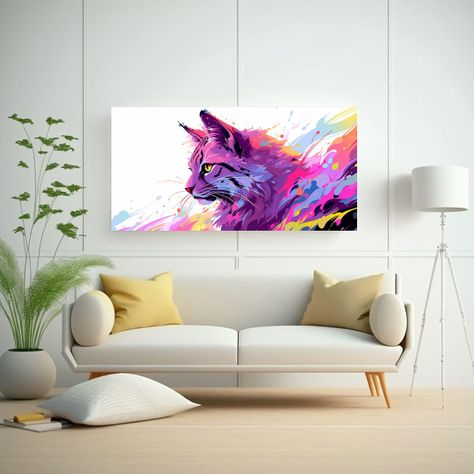 Pintura Acuarela De Belleza Felina Arcoíris Y Mor 100x50cm-2