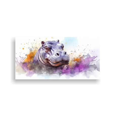 Pintura En Bastidor Hipopótamo Acuarela Colorida 40x20cm-0