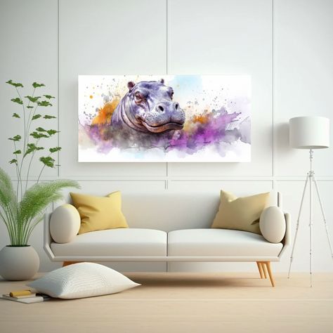 Pintura En Bastidor Hipopótamo Acuarela Colorida 40x20cm-2