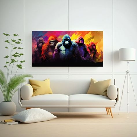 Pintura En Tela De Gorilas En Acuarela Colorida 21 80x40cm-2
