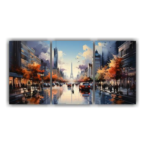 Cuadro Lienzo Acuarela Ciudad Urbana Calle Animada 150x75 Cm-0