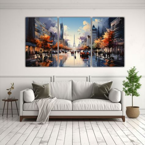 Cuadro Lienzo Acuarela Ciudad Urbana Calle Animada 150x75 Cm-2