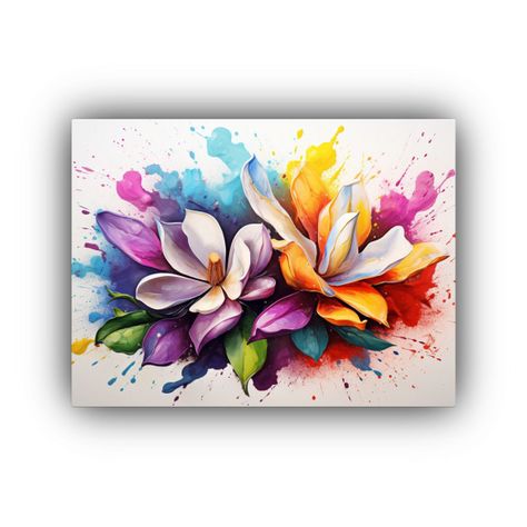 Pintura Abstracta De Magnolias Con Colores Del Arcoíris. 45x30cm-0