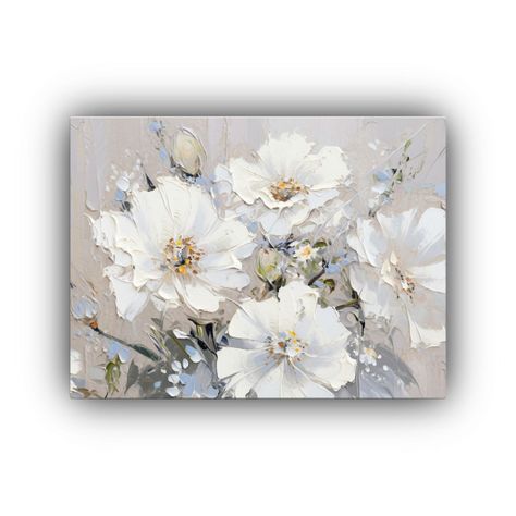 Pintura De Baño En Lienzo Blanco Y Plateado Con Flores En C 65x50cm-0