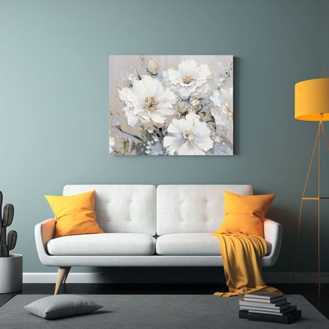 Pintura De Baño En Lienzo Blanco Y Plateado Con Flores En C 65x50cm-2
