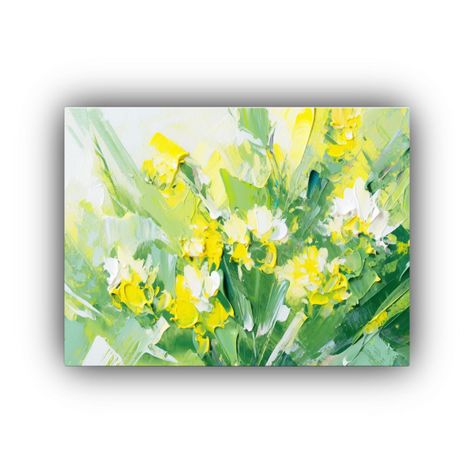 Flores Amarillas Y Verdes En Lienzo Para Decoración Con Ton 30x20cm-0