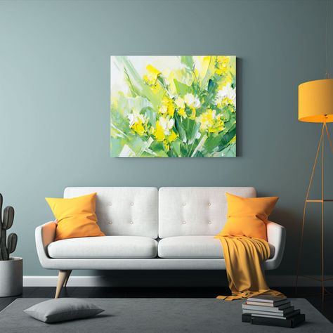 Flores Amarillas Y Verdes En Lienzo Para Decoración Con Ton 30x20cm-2
