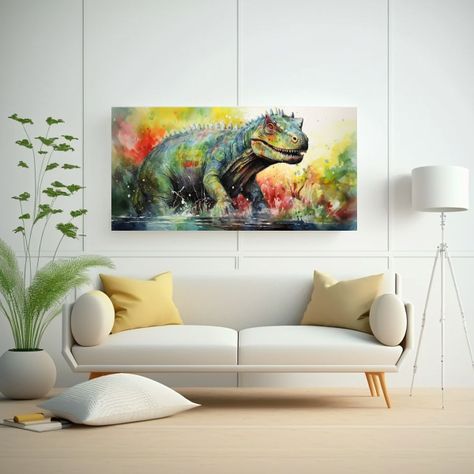 Cuadro Brillante De Iguanodon En Acuarela Colorida 140x70cm-2