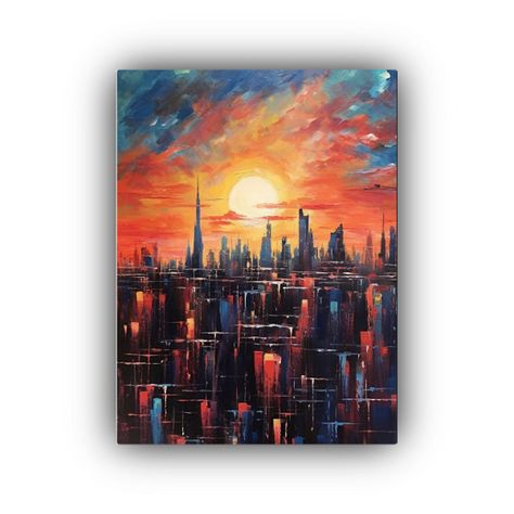 Pintura Acrílica Ciudad Con Cielo Nocturno, Arte Decorativo 30x40cm-0