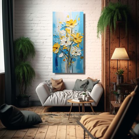 Cuadro De Flores Amarillas Y Azules En Lienzo 70x140cm-2