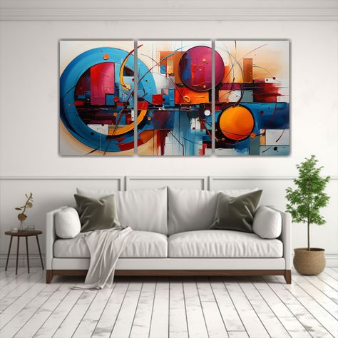Set De 3 Cuadros Decorativos: Pintura Abstracta 90x45 Cm-2