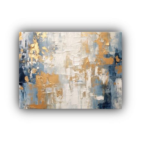 Pintura Abstracta Moderna En Acrílico Azul Gris Oro Para De 30x20cm-0