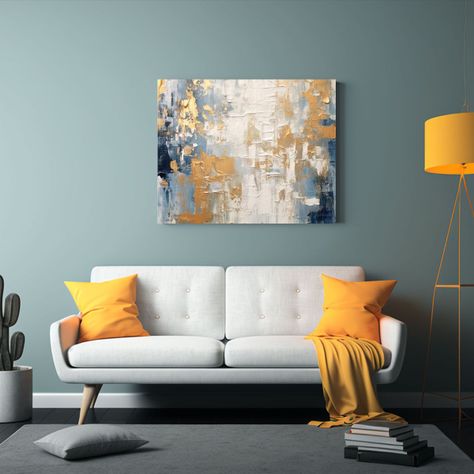 Pintura Abstracta Moderna En Acrílico Azul Gris Oro Para De 30x20cm-2