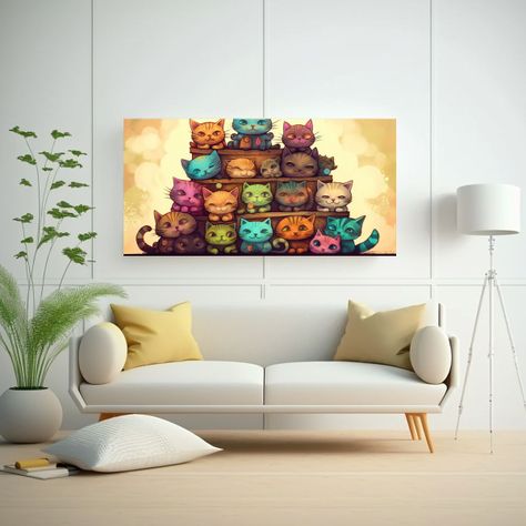 Cuadros De Gatos En Un Lienzo Con Muchos Colores 140x70cm-2