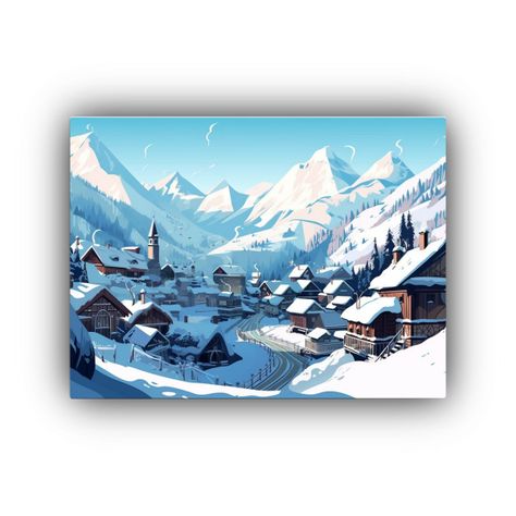 Pintura Decorativa De Aldea Nevada Con Montañas Al Fondo. 90x60cm-0