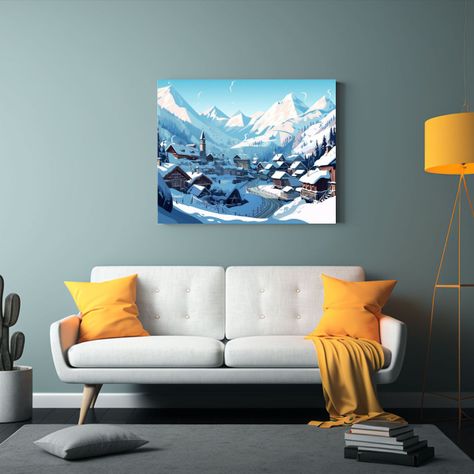 Pintura Decorativa De Aldea Nevada Con Montañas Al Fondo. 90x60cm-2