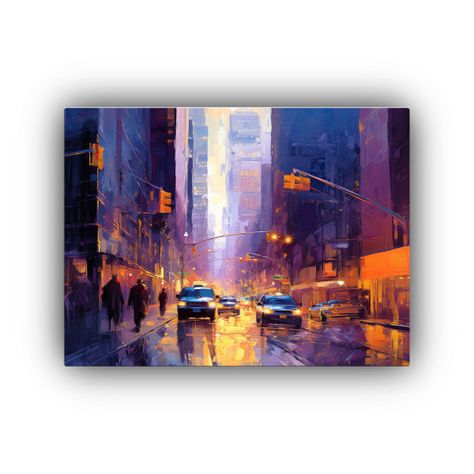 Pintura Urbana De Una Concurrida Calle Con Personas Y Taxis 90x60cm-0