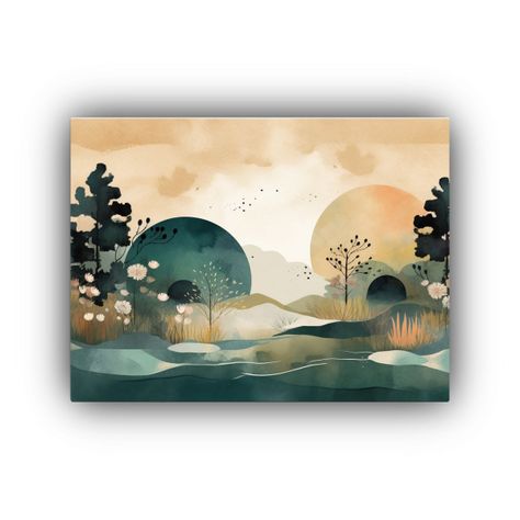Pintura Decorativa Baño Con Paisaje Acuarela De árboles Fl 65x50cm-0