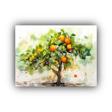 Pintura Abstracta Acuarela árbol Naranja Colores Verde: Riq 120x80cm-0