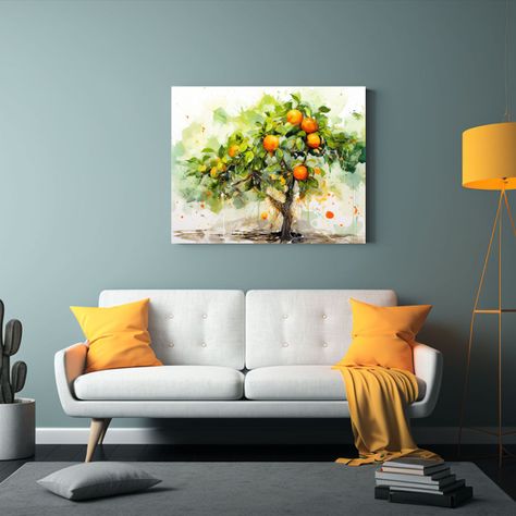Pintura Abstracta Acuarela árbol Naranja Colores Verde: Riq 120x80cm-2