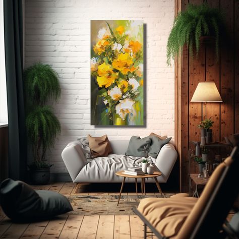 Pintura De Flores Amarillas Y Verdes En Lienzo 50x100cm-2