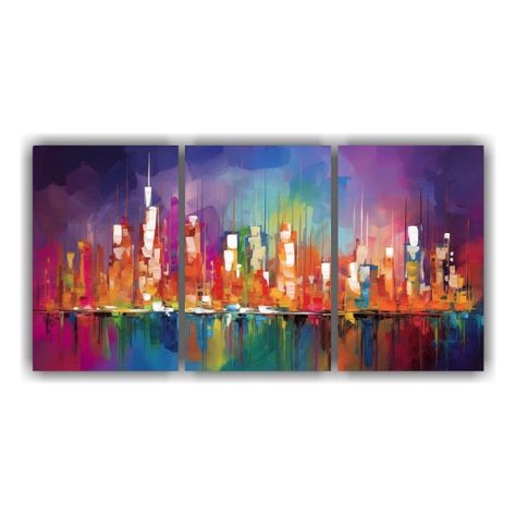 Cuadro De Ciudad Vibrante Al Atardecer Con Luces 180x90 Cm-0