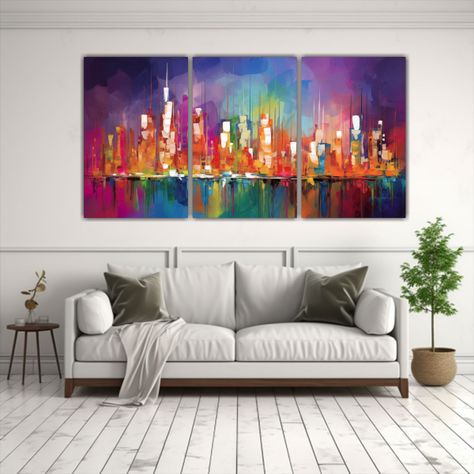 Cuadro De Ciudad Vibrante Al Atardecer Con Luces 180x90 Cm-2