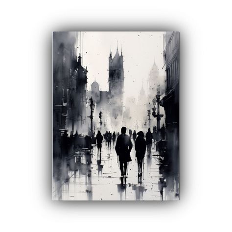 Arte Urbano En Tinta De Personas Caminando En La Ciudad 30x45cm-0