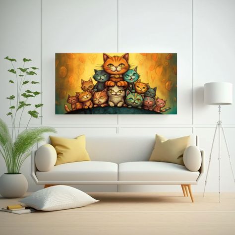 Pintura Decorativa Gatos En Un Montón, Mirando 100x50cm-2