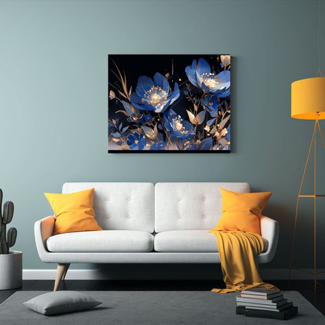 Cuadro Tela Acuarela Comedor Dorado Y Azul Neonoir Ambiente  30x20cm-2