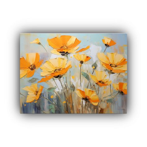 Pintura En Lienzo De Flores Amarillas Y Naranjas. 65x50cm-0