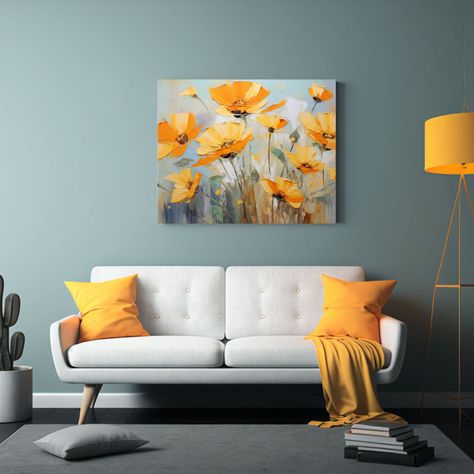 Pintura En Lienzo De Flores Amarillas Y Naranjas. 65x50cm-2