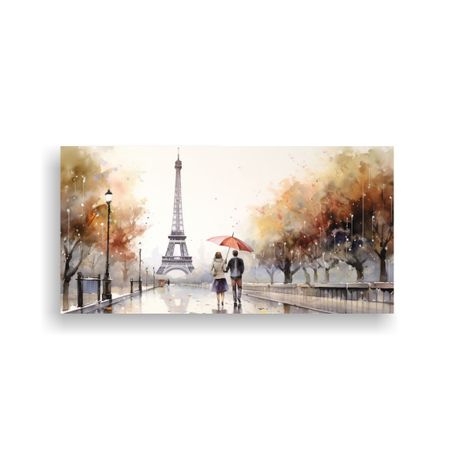 Pareja Joven Caminando Frente A La Torre Eiffel 40x20 Cm-0